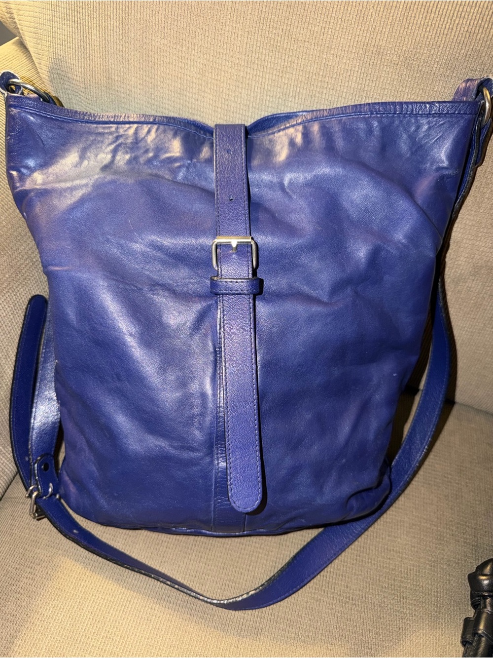 Deep Blue Leather Shoulder Tote with Buckle Strap